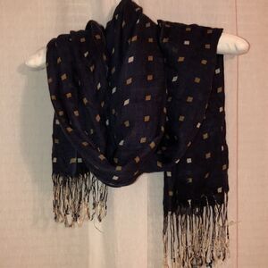 Navy Tan Ivory Lightweight Tasseled Large Scarf Wrap